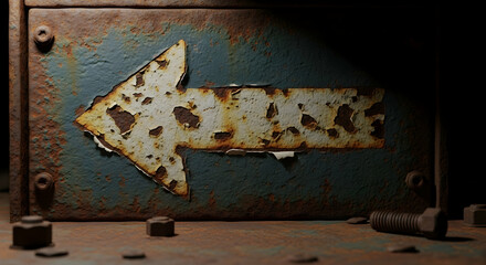 Rustic weathered directional arrow on metal surface, showcasing age and texture indicating guidance