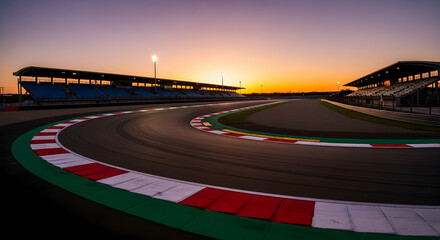 Spectacular sunset over the race track with vibrant colors and grandstands providing a dramatic racing scene