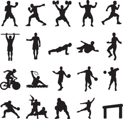 Diverse athletic silhouettes demonstrating various sports and exercises boxing weightlifting