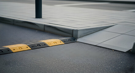 Speed Bump Near The Sidewalk in Urban Area on Wet Asphalt Road