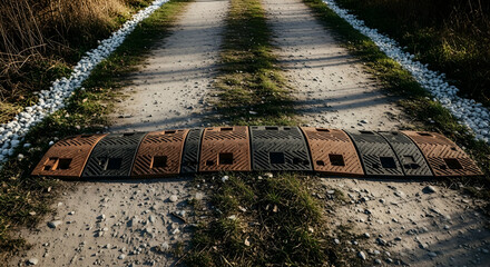 Speed Breaker On A Rural Road Amidst Overgrown Grass And Stony Boundaries
