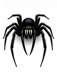 Obraz premium A detailed illustration showcases a striking black spider with prominent fangs and hairy legs on a clean, white background.