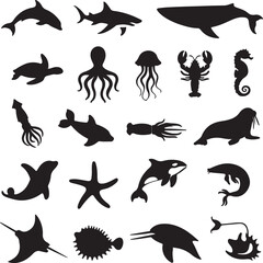 Obraz premium Diverse marine life silhouettes dolphin shark