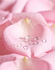 Delicate pink rose petals glisten with fresh water droplets in a soft and dreamy floral arrangement.