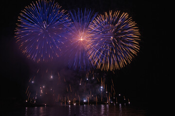 High-quality fireworks background. Colorful pyrotechnic explosions on a dark night sky, ideal as festive backdrop for New Year, Independence Day, or celebration designs. Perfect for posters, banners, 