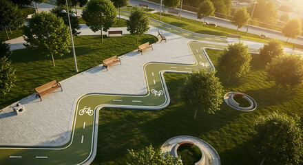 Scenic aerial view of a park with a winding bicycle path and lush greenery showcasing urban planning and recreational space