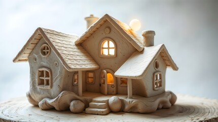 Cozy Handmade Ceramic Cottage Sculpture with Illuminated Windows
