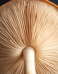 Detailed close-up shows the gills of a beautiful, natural mushroom, highlighting its organic texture and biological structure.