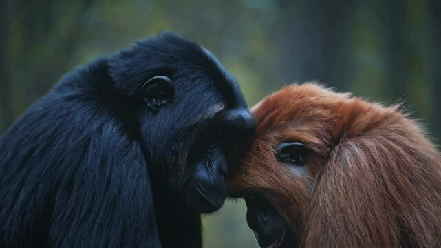 Gentle interaction between two monkeys in forested habitat creating heartwarming moment