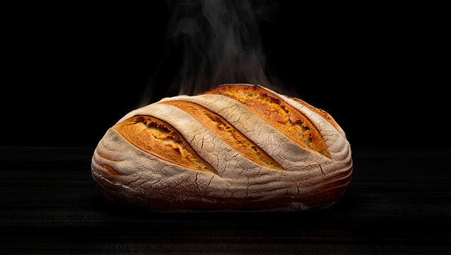 Low key studio shot of a steaming loaf of fresh crusty artisan bread on a dark wooden table with a black background
