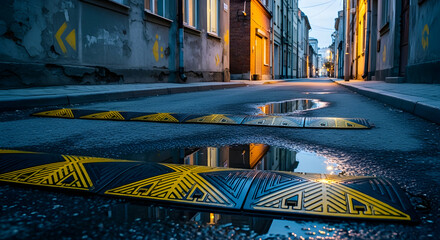 Speed Bumps and Reflections on a Wet European Street in the Twilight Hourse