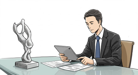 Focused businessman in a suit analyzing data on a digital tablet at an office desk. Vector illustration of a professional at work.