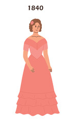 Women's fashion 1840s. Woman in pink dress. Flat vector illustration.