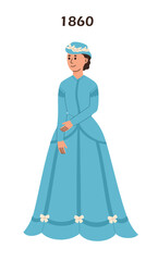 Women's fashion 1860s. Woman in blue dress. Flat vector illustration.