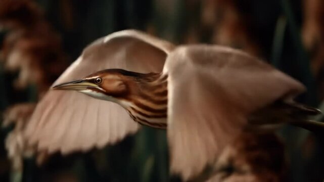Bittern bird taking flight, wings spread in natural outdoor setting