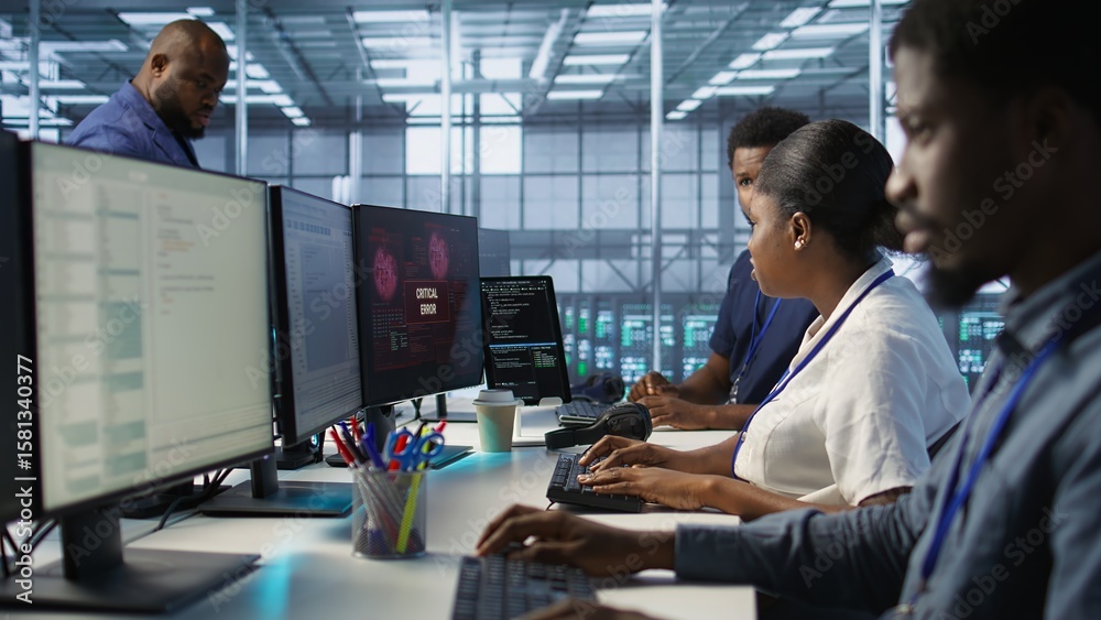 Poster cybersecurity experts in server farm trying to protect equipment from hacker stealing data. close up