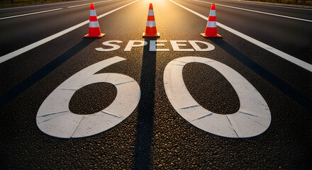 Speed limit sign of 60 mph on asphalt road with safety cones at sunset time