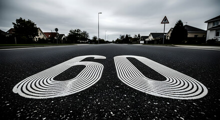 Speed Limit Sixty Painted On Asphalt Road In Residential Area On Cloudy Day