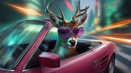 Clumsy driver chaos: lost deer, confused motorist, road mistake, careless turn, silly traffic, wrong lane, unexpected stop, street hazard, beginner steering, awkward moment