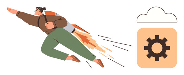 Person flying with jetpack toward a gear icon in a cloud symbolizing ambition, progress, technology, innovation. Ideal for success, growth, creativity, goal setting, futuristic business trends