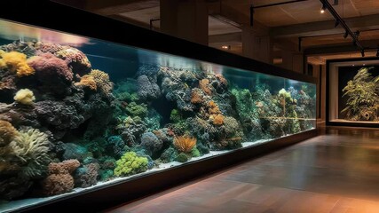 Large aquarium filled with colorful coral reef exhibit display