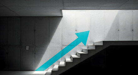 Stairway to success visualized with a blue arrow pointing upwards to light