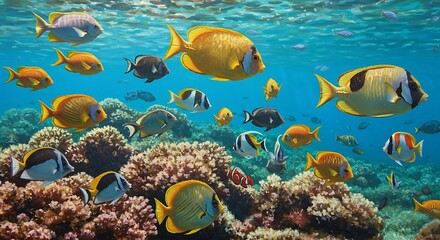 Fototapeta premium Underwater Ecosystem A Vibrant Reef Scene Featuring Colorful Tropical Fish Swimming Among Coral Formations, Promoting Ocean Life