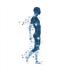 Fototapeta premium Silhouette of a human figure composed of blue digital circuits and nodes, symbolizing integration of technology and the human body.
