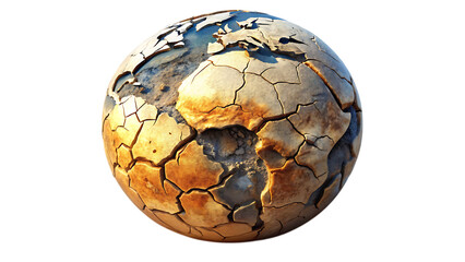 Cracked dry earth globe texture with visible continents and deep fissures isolated on a transparent background