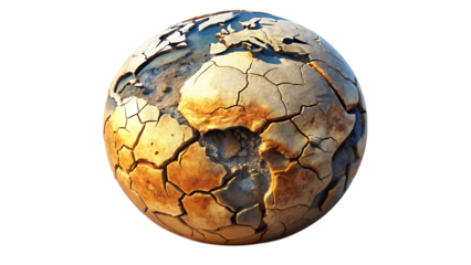 Cracked dry earth globe texture with visible continents and deep fissures isolated on a transparent background