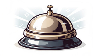 Illustration of a shiny metal service bell with a starburst background and a white surface area below