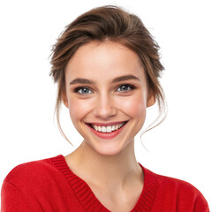Smiling woman in red sweater portrait isolated on transparent background