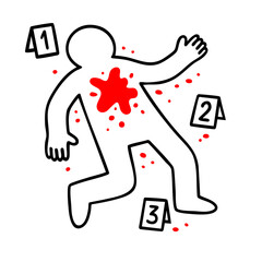 Crime Scene Outline with Blood Stain, Evidence Markers. Forensic Depicting Homicide Investigation, Murder Case, Police Procedure in Criminal Justice, Law Enforcement 
