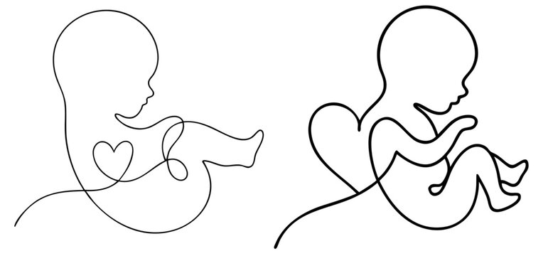 Single-Line Drawing of Unborn Baby in Womb with Heart Shape. Mother-Child Bond, Pregnancy, Prenatal Care, New Life in Emotional and Medical


