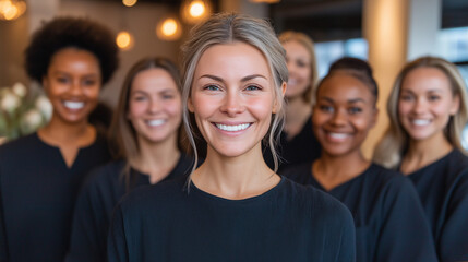 A group of cheerful and confident beauty professionals standing together in a modern salon, wearing matching black uniforms. The warm lighting and sleek interior highlight their un