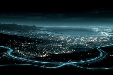 Fototapeta premium Cityscape illustration with smart streetlights and digital paths. Energy efficiency. The rise of smart street lighting in modern urban planning. Future trends. Digital infrastructure.