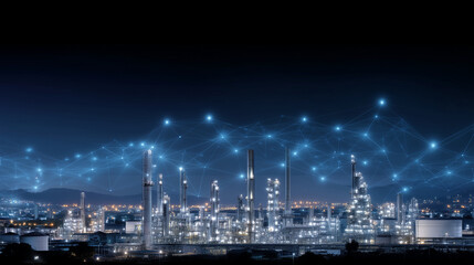 Modern refinery with robotic systems and AI integration managing pipelines and safety valves, futuristic digital interfaces visualized across plant industrial evolution, AI-driven