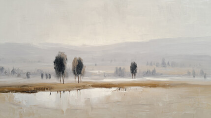 Fog envelops a serene landscape with trees and a reflective water body at dawn