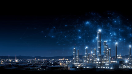 Modern refinery with robotic systems and AI integration managing pipelines and safety valves, futuristic digital interfaces visualized across plant industrial evolution, AI-driven