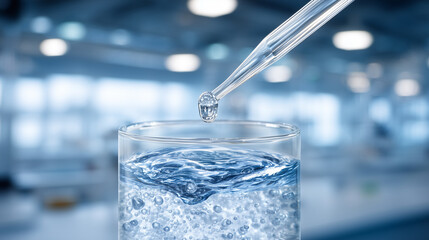 Beaker of polluted water in a laboratory setting, being tested with precision pipette while floating virtual indicators identify toxins like mercury and PFAs environmental chemistr