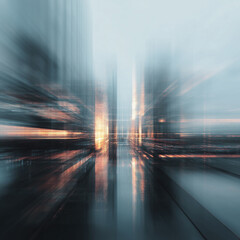 Futuristic cityscape with blurred reflections and light effects shows advanced architecture and technology