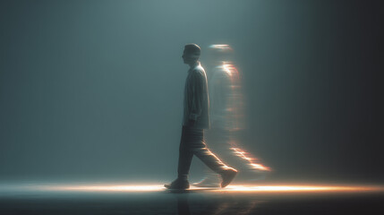 A blurred man and his shadow walking through a hazy space illuminated by soft light in an ethereal setting