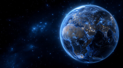 Fototapeta premium Blue planet Earth glowing in outer space, darkness of the universe around, showcasing environmental awareness and planetary scale Earth in space, outer space backdrop, blue planet,