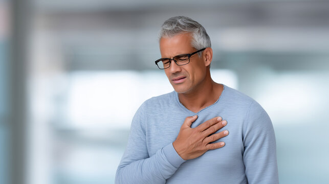 Middle-aged man experiencing discomfort in chest while coughing, concept of cardiovascular or pulmonary condition in a clinical awareness setting health risk, chronic illness, card