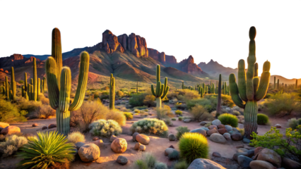 Golden hour desert landscape with saguaro cacti and rocky mountains isolated on a transparent background