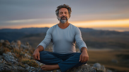 Middle-aged man meditating on mountain top at sunrise self-discovery, wellness, spiritual, calmness, outdoor mindfulness, inner peace, nature retreat.