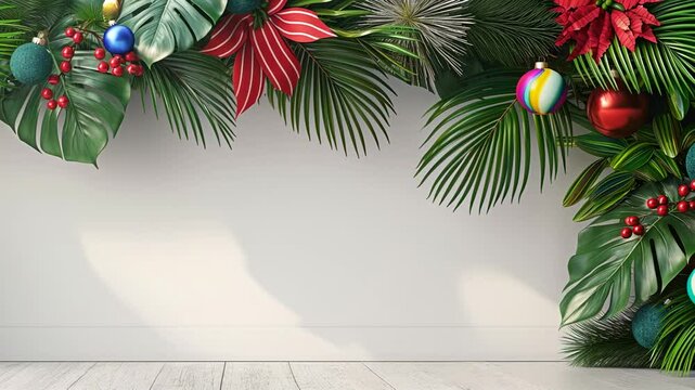 Christmas with tropical flair a festive holiday display featuring monstera leaves, palm fronds, poinsettias, shimmering ornaments, and bright red berries adorn a white wall
