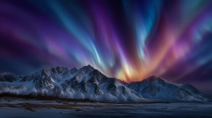 Obraz premium Cinematic night sky with northern lights over snow mountains awe, epic nature, frozen landscape, travel dream, cosmic magic, cold colors, environmental wonder.