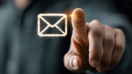 A Close-Up of a Human Hand Tapping an Illuminated Floating Envelope Icon for Email Notifications