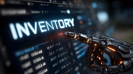 AI-Enhanced Finger Engaging with a Luminous "INVENTORY" Dashboard on a Virtual Interface